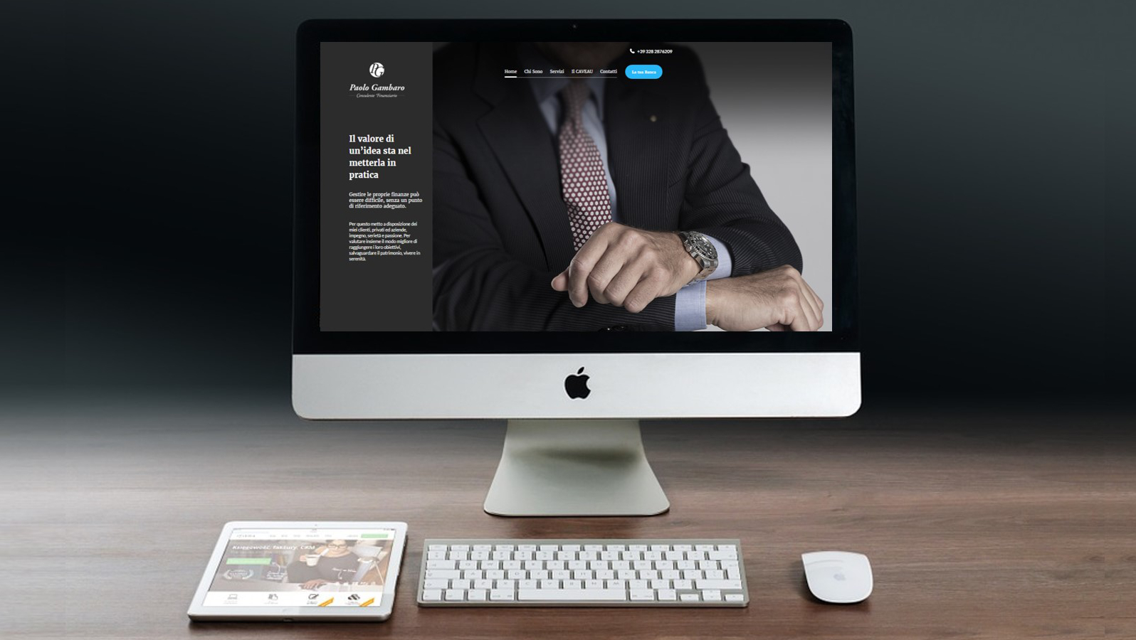 Display di PC con la home page del nuovo sito Paolo Gambaro Consulente Finanziario