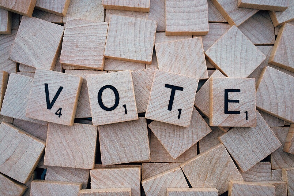 Cubetti di legno con lettere che formano la parola inglese "Vote"